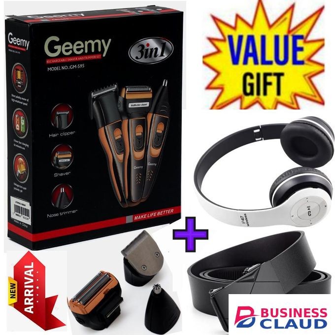 Geemy Affordable Barber Shaving Machine-Kinyozi // Shaver // Kinyozi // Best Kinyozi // BEST Rechargeable Smoother Hair Shaving Machine, Shaver- 3 In 1 FOR KINYOZI BUSINESS +Belt + Headphones