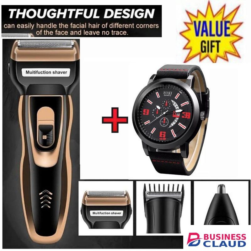 Geemy BEST Rechargeable Smoother Hair Shaving Machine, Shaver- 3 In 1 FOR KINYOZI BUSINESS + MEN LUXURY WATCH