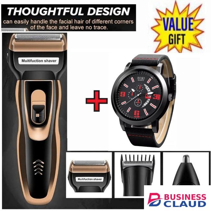 Geemy BEST Rechargeable Smoother Hair Shaving Machine, Shaver- 3 In 1 FOR KINYOZI BUSINESS + MEN LUXURY WATCH