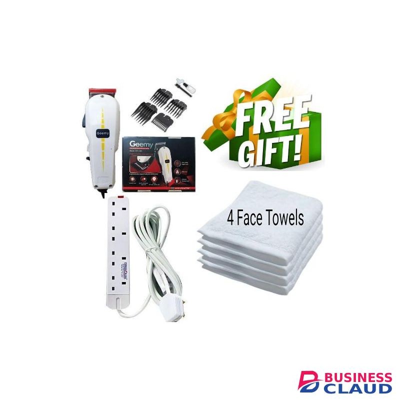 Geemy BEST PROFESSIONAL CORDED HAIR & BEARD SHAVING MACHINE FOR Barbershops / Kinyozi For haircuts, fades, line-ups, and balding + Free 4 Way Power Extension & 4 White Face/Head Towels