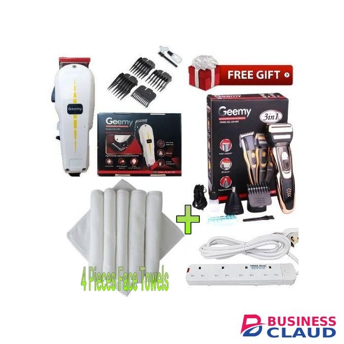 Geemy Professional Hair Shaving Machine-Kinyozi + Best 4 Way Power Extension Cable+4 Face Towels White + Cordless Smoother Clipper Cut nose trimmer
