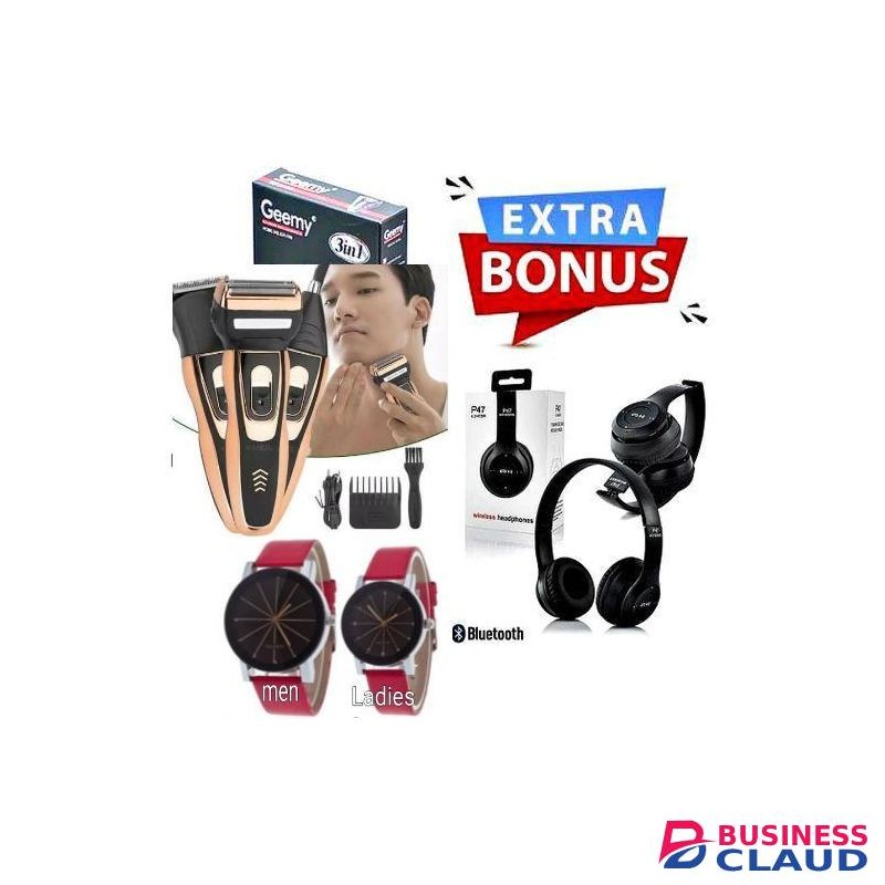 Geemy BEST Rechargeable Hair Clipper, Shaver And Nose & EAR Trimmer Kit + VALUE GIFTS BLUETOOTH WIRELESS HEADPHONES & LADIES WRIST WATCH & MEN WATCH WITHOUT BRACELET