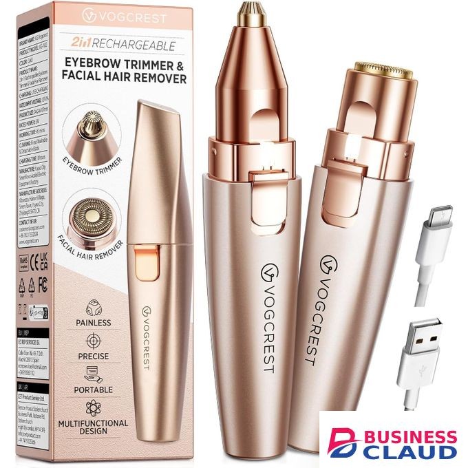 VG VOGCREST Eyebrow & Facial Trimmer: 2 in1 Rechargeable Facial Hair Removal & Eyebrow Shaver - Body Razor with Built-in LED Light (Rose Gold)