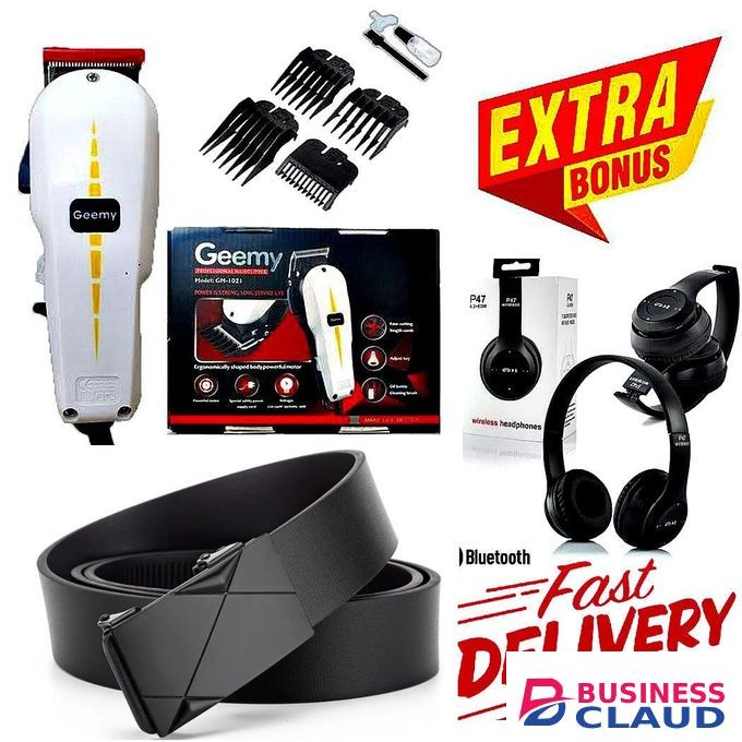 Geemy DURABLE Barber Shop Electric Hair Clipper Barbering Machine – Kinyozi Hair Shaving Machine , EXTRA BONUS BLUETOOTH WIRELESS HEADPHONES & Men’s Office Wear Belt