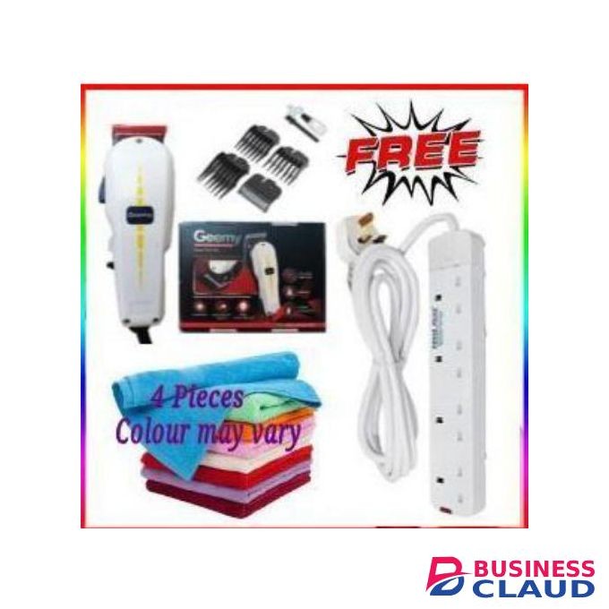 Geemy Electric Barber Shaving Machine-Kinyozi+ 4 Way Power Extension Cable & 4 Face Towels
