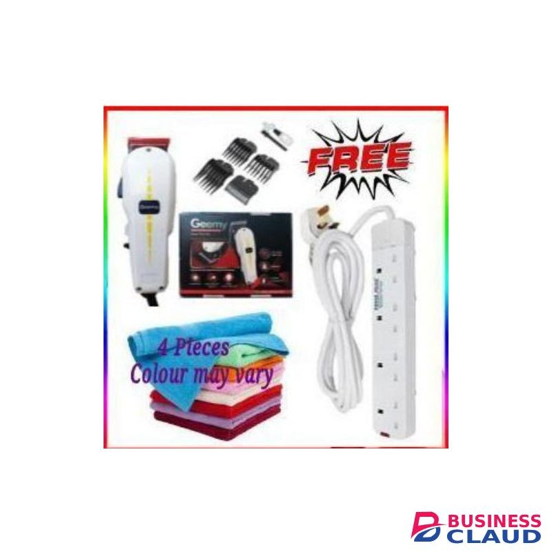 Geemy Electric Barber Shaving Machine-Kinyozi+ 4 Way Power Extension Cable & 4 Face Towels