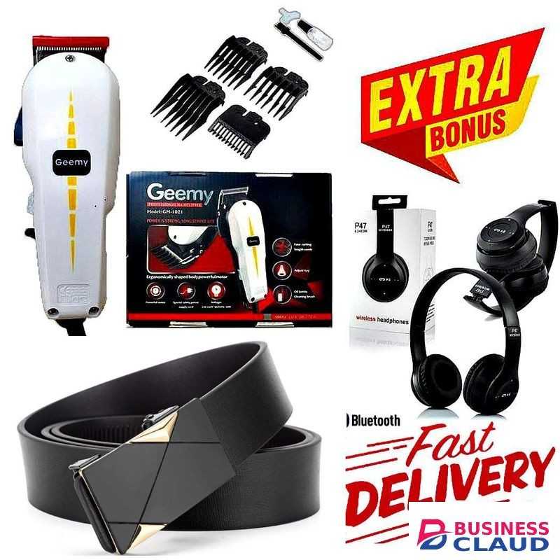Geemy High Quality Electric Hair Clipper Barber Shop Electric Hair Clipper Barbering Machine – Kinyozi Shaving Machine + EXTRA BONUS BLUETOOTH WIRELESS HEADPHONES & Executive Style Men’s Belt – Black Leather for Office & Meetings