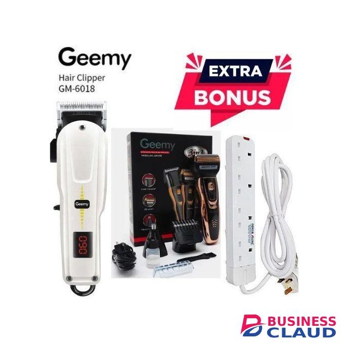Geemy GM-6008 Home Best & Commercial Business Smart Rechargeable Cordless Shaving Machine With Indicator + Free GM-595 3 in 1 Electric Rechargeable Nose Trimmer, Smoother & 4 Way power extension cable