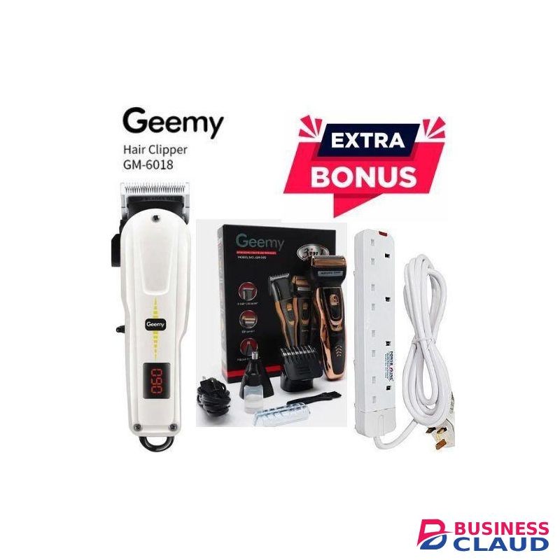 Geemy GM-6008 Home Best & Commercial Business Smart Rechargeable Cordless Shaving Machine With Indicator + Free GM-595 3 in 1 Electric Rechargeable Nose Trimmer, Smoother & 4 Way power extension cable