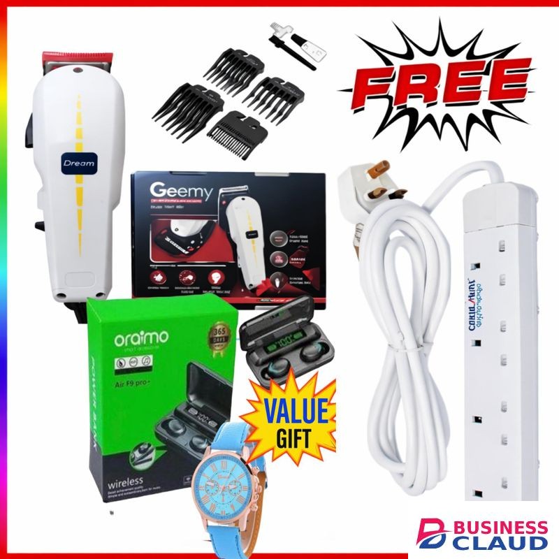 Geemy BUSINESS GRADE ELECTRIC SHAVING MACHINE – RELIABLE KINYOZI FOR SALON & KINYOZI SHOPS + 4 way power extension and f f9 pro earbuds and watch