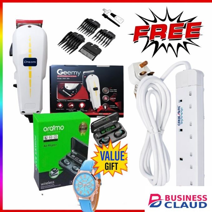 Geemy BUSINESS GRADE ELECTRIC SHAVING MACHINE – RELIABLE KINYOZI FOR SALON & KINYOZI SHOPS + 4 way power extension and f f9 pro earbuds and watch