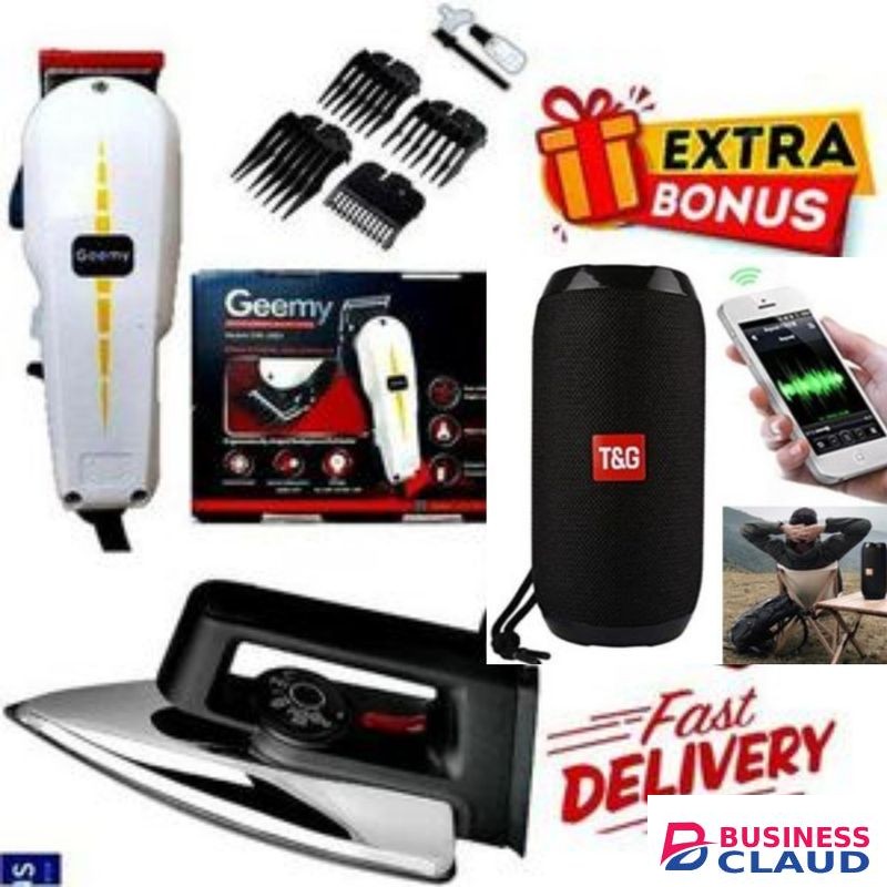 Geemy Professional Barbering Hair Shaving Machine-Kinyozi + Free Best Bluetooth Speaker + Iron box for your clothes