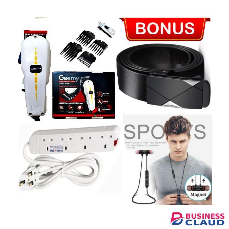 Geemy Professional Hair Clipper For Kinyozi + Free 4-Way Socket Extension ,bluetooth Earphones & Official Belt