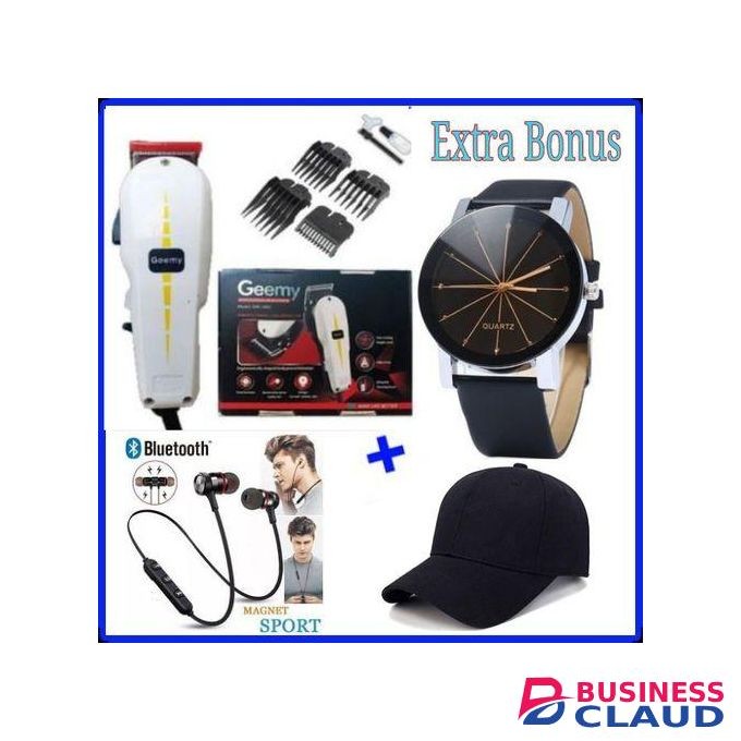 Geemy Professional Hair And Beard Shaving Machine- Kinyozi + Bonus Of Cap, Bluetooth Earphones & Watch