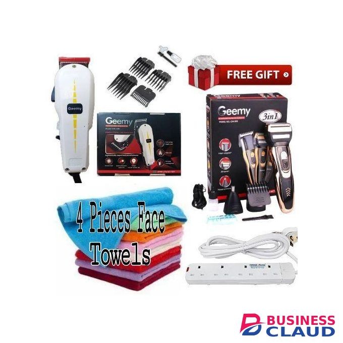 Geemy COMMERCIAL SHAVER // Electric Hair Trimmer Barbering Machine - Kinyozi + Free Professional 3 In 1 Hair Clipper Wireless/Cordless & 4 Way Power Extension Cable & 4 Pieces Face Towels