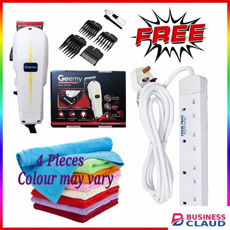 Geemy BUSINESS GRADE ELECTRIC SHAVING MACHINE – RELIABLE KINYOZI FOR SALON & KINYOZI SHOPS + 4 way power extension and face towels