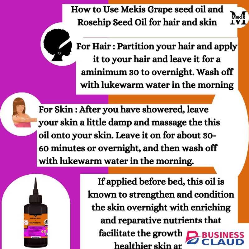 Mekis Grape Seed & Rosehip Seed Oil-Repairs Damaged Hair ,Treats Acne