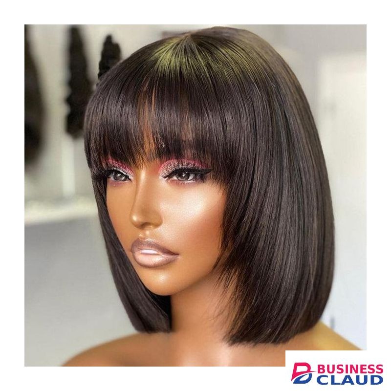 Human Hair blend 2*4 closure bob wig with bangs 250% density __black. Can be washed,blowdried and flat ironed