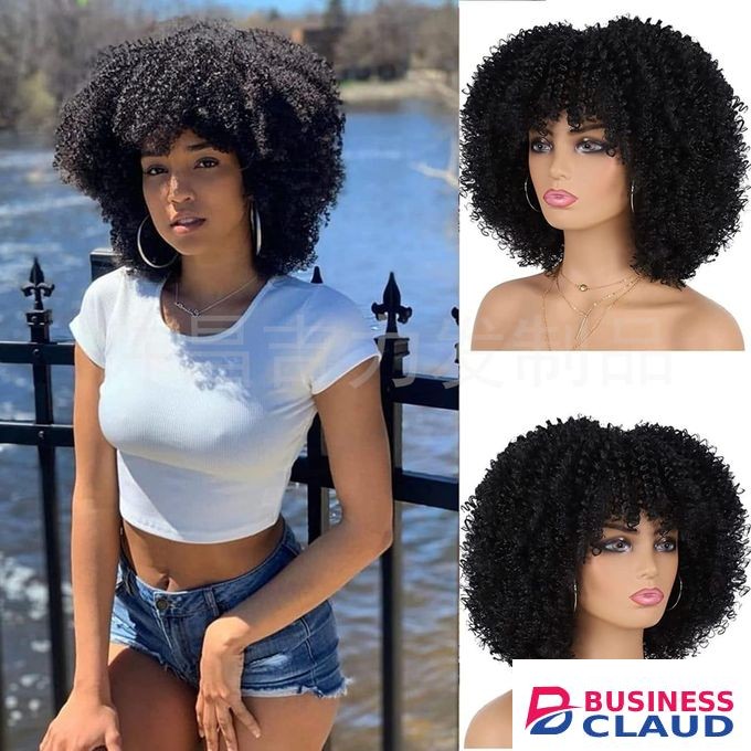 Short, black, kinky curly afro wig with bangs