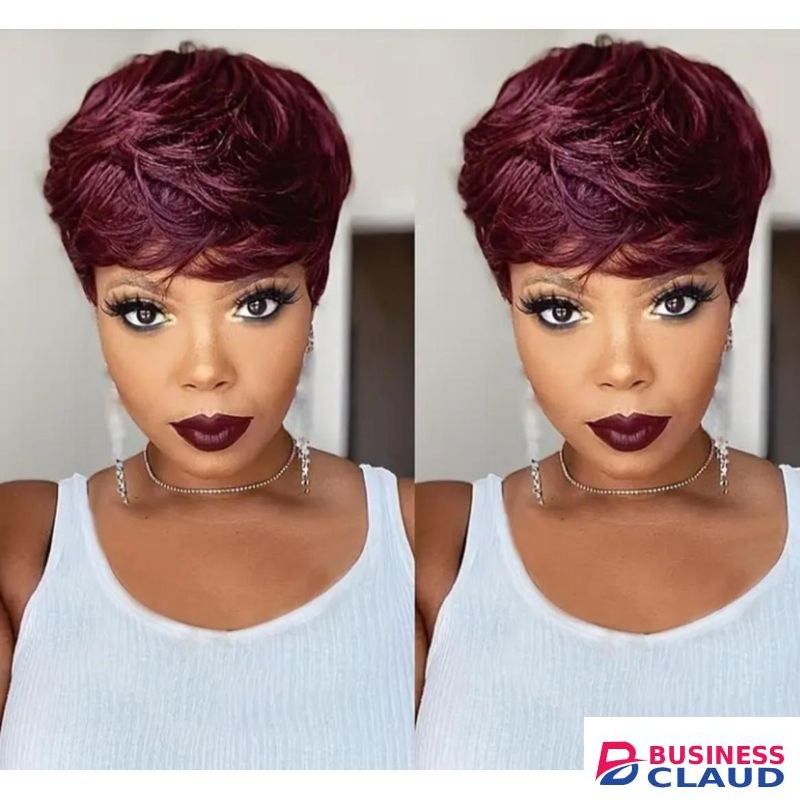 Burgundy semi human hair. Pixie wig that can be blowdried and flat ironed