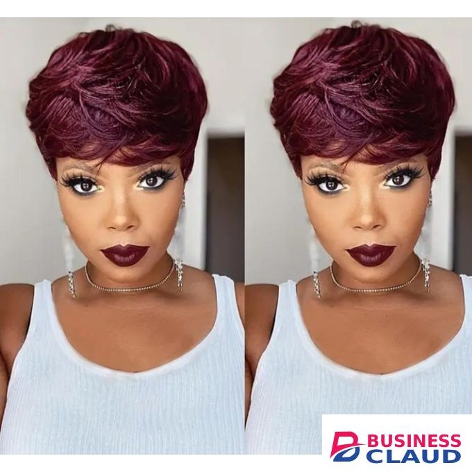 Burgundy semi human hair. Pixie wig that can be blowdried and flat ironed
