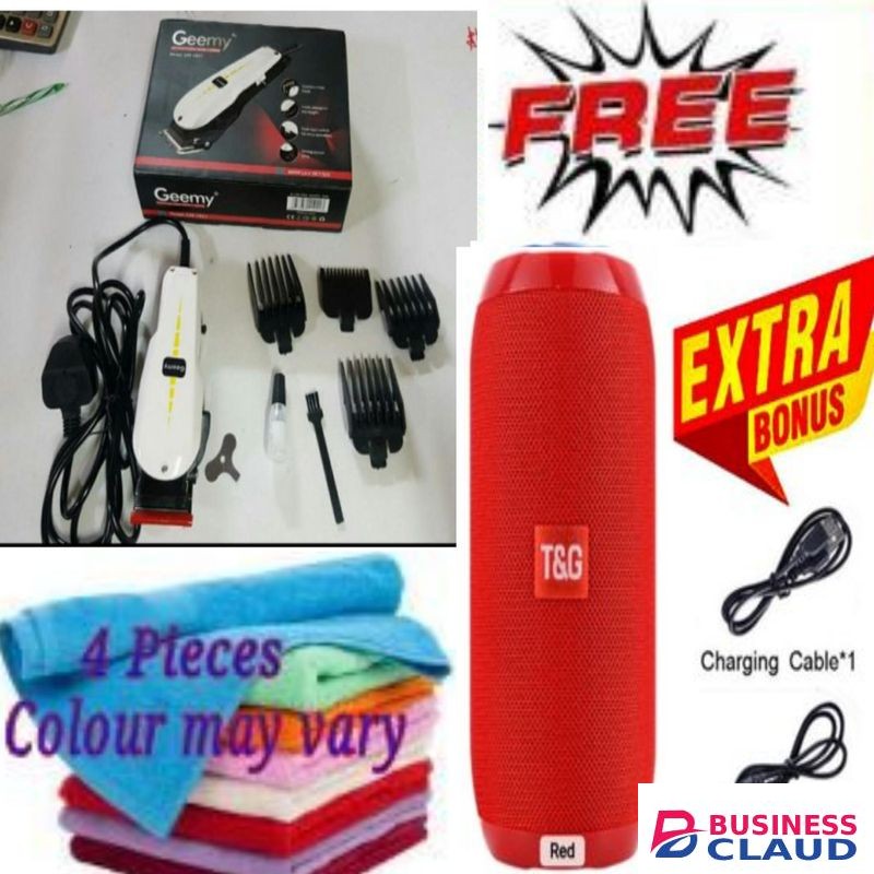 Geemy Professional Barbering Hair Shaving Machine-Kinyozi + Best Bluetooth Speaker + Face Towels