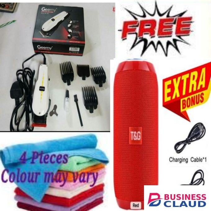 Geemy Professional Barbering Hair Shaving Machine-Kinyozi + Best Bluetooth Speaker + Face Towels