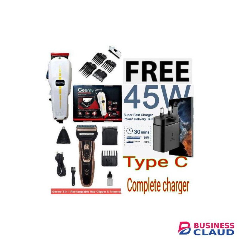 Geemy Professional Barbering Hair Shaving Machine-Kinyozi + Free 3 In 1 Electric Rechargeable Shaver Nose, Smoother & Complete charger type C