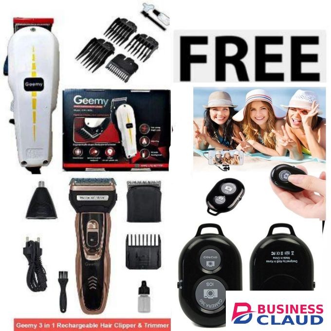Geemy Professional Barbering Hair Shaving Machine-Kinyozi + Free 3 in 1 Electric Rechargeable Shaver Nose, Smoother & Phone camera controller