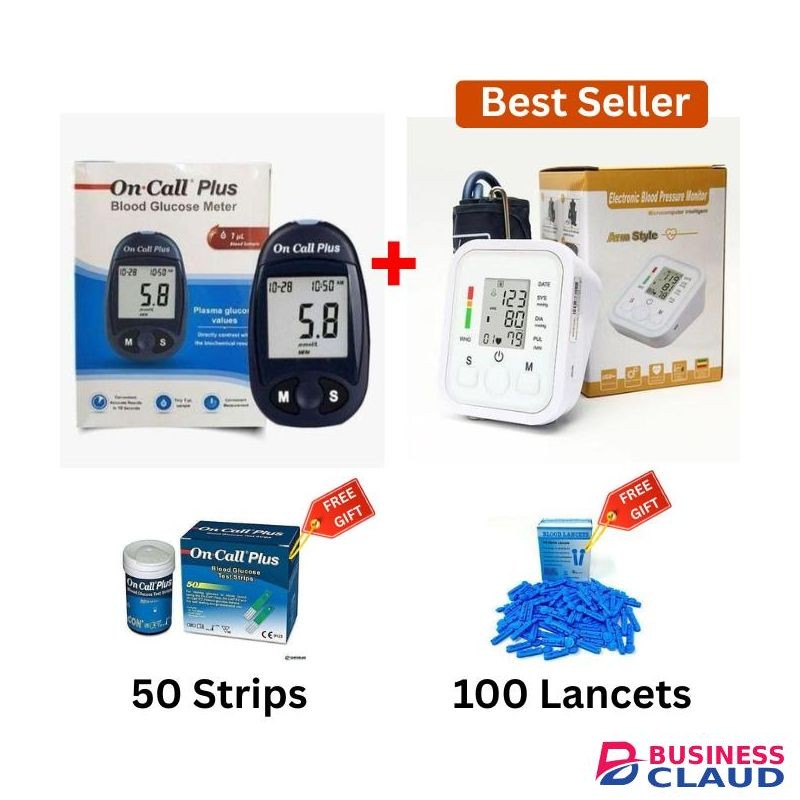 On Call Plus ORIGINAL Glucometer Blood Glucose Monitor Kit for Home Use, Accurate Blood Sugar Testing with FREE 50 Test Strips and 100 Lancets + Automatic Digital Blood Pressure Monitor for Upper Arm, BP Measuring Machine