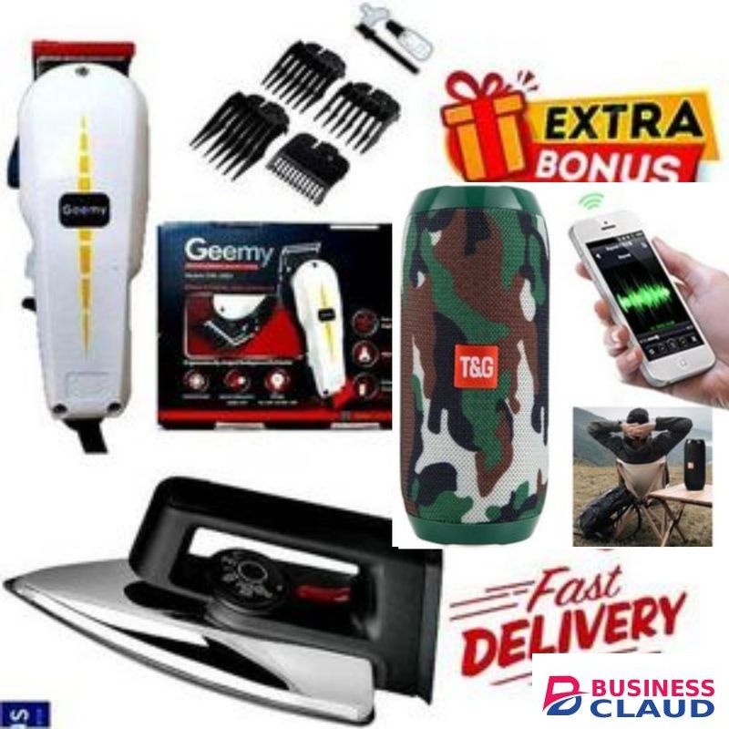 Geemy Professional Barbering Hair Shaving Machine-Kinyozi & Bluetooth Speaker + Best Iron Box