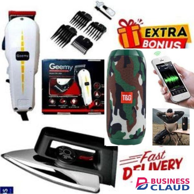Geemy Professional Barbering Hair Shaving Machine-Kinyozi & Bluetooth Speaker + Best Iron Box