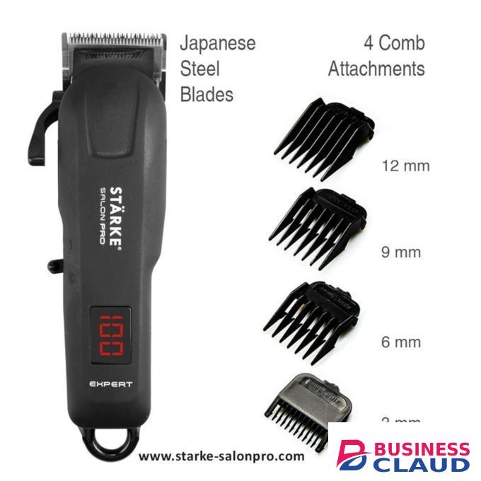 STARKE Salon Pro Expert Cordless Hair Clipper LED Display Barber Machine Heavy-duty Performance: Ideal for Barbers & Stylists Handle Demanding Use Made In Germany 100% Copper Motor 440C Japanese Steel Blades, 0.5mm - 3.5mm 3Pin UK -Black-1Yr Warranty..