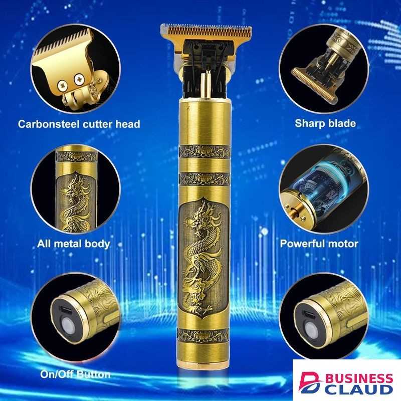 VINTAGE T9 Professional Hair Trimmer, Dragon Design Metal Body, USB Charging, Stainless Steel Blades, 4 Guide Combs