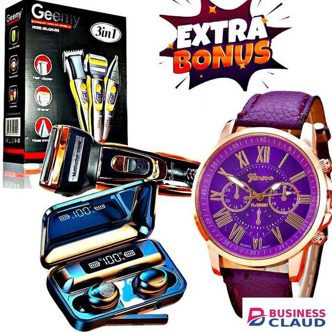 Geemy Rechargeable 3 in 1 Hair Shaver // TWS Bluetooth Earphones // Geneva Watch