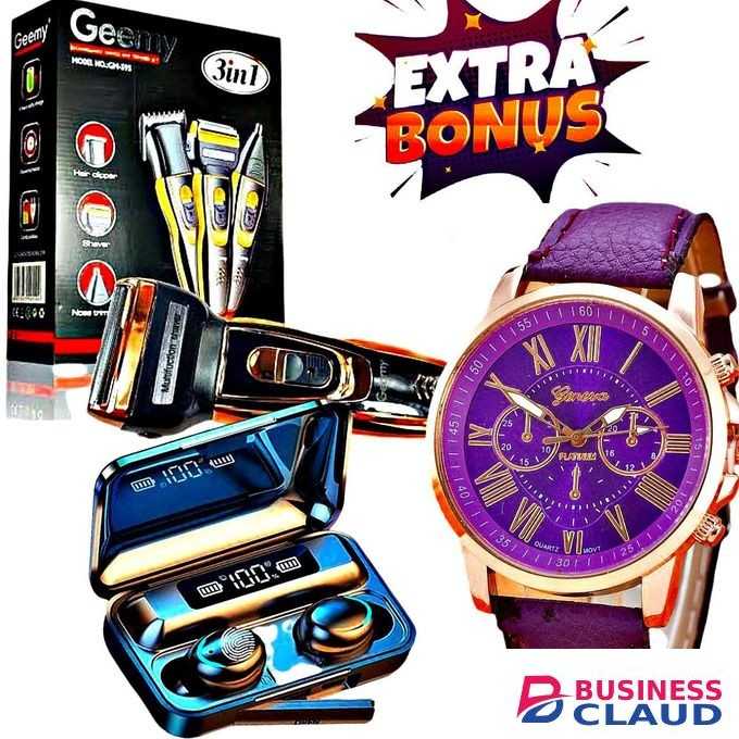 Geemy Rechargeable 3 in 1 Hair Shaver // TWS Bluetooth Earphones // Geneva Watch