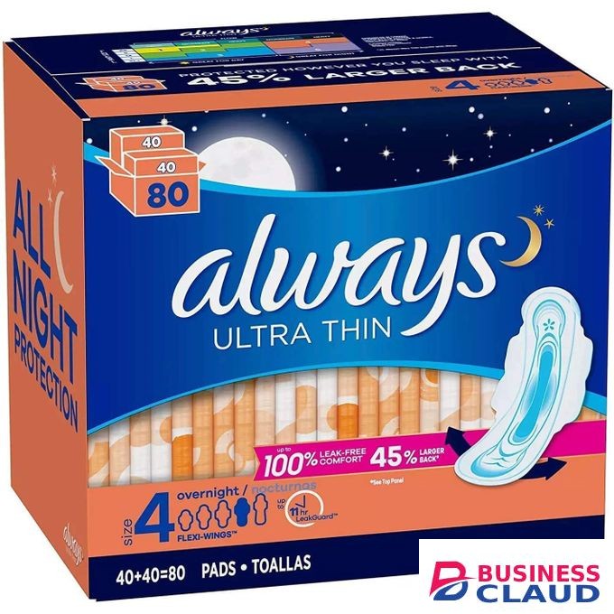 Always Ultra Thin Size 4 Overnight Pads with Wings Unscented 80 Ct.