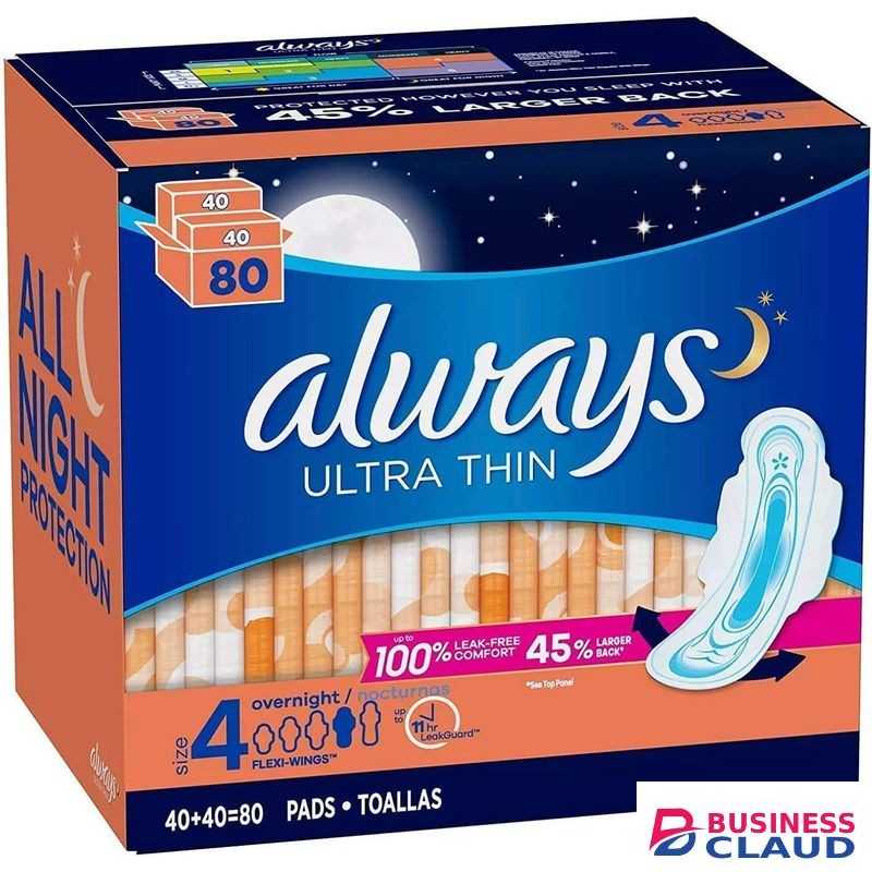 Always Ultra Thin Size 4 Overnight Pads with Wings Unscented 80 Ct.