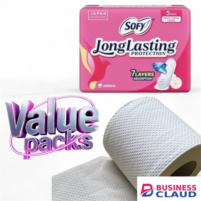 Sofy Long Lasting Maxi Long Sanitary Pads (5pcs×4pack)//plus free 4 rolls tissue paper