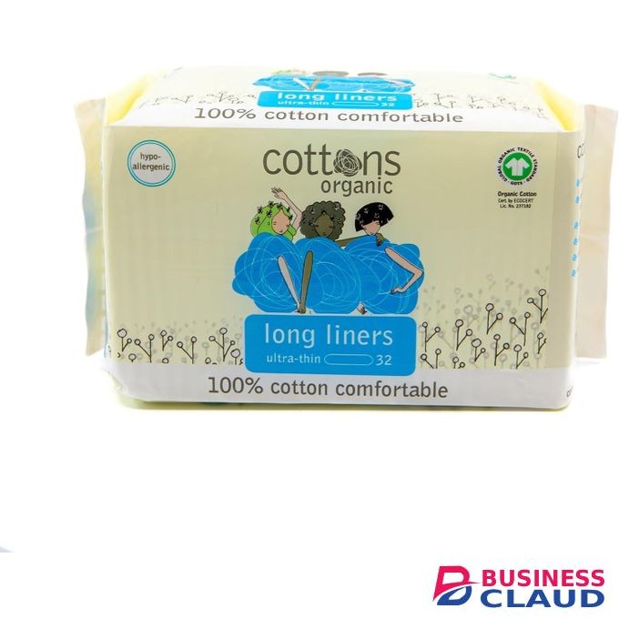 Cottons Panty Liners Long Ultra-Thin, Pack of 32, 100% Organic Cotton, Hypo-Allergenic, Breathable, Unscented, Panty Liners for Women