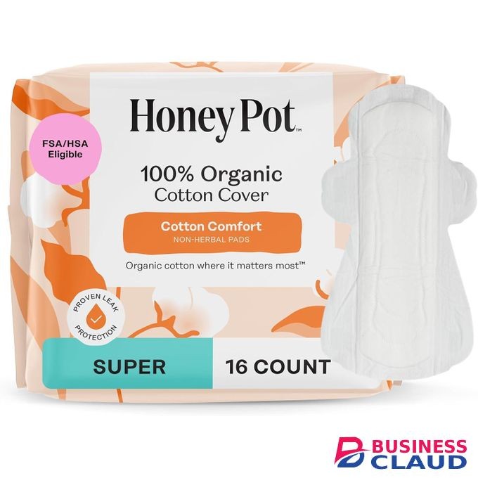 The Honey Pot Company Sanitary Pads for Women - Non-Herbal Super w/Wings - Organic - Cotton Cover & Ultra-Absorbent Pulp Core - Feminine Care - 16 ct