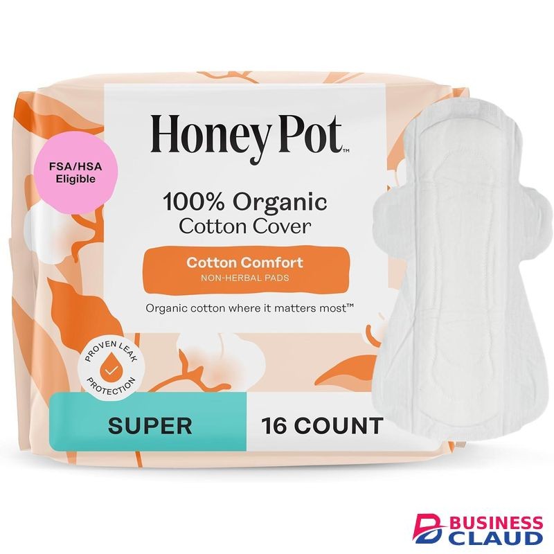The Honey Pot Company Sanitary Pads for Women - Non-Herbal Super w/Wings - Organic - Cotton Cover & Ultra-Absorbent Pulp Core - Feminine Care - 16 ct