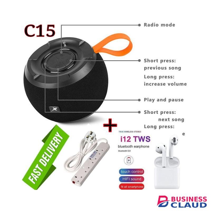 C15 Portable and Strong Wireless Audio Playback Super BASS BT Speaker+Earbuds +4Way power Extension.