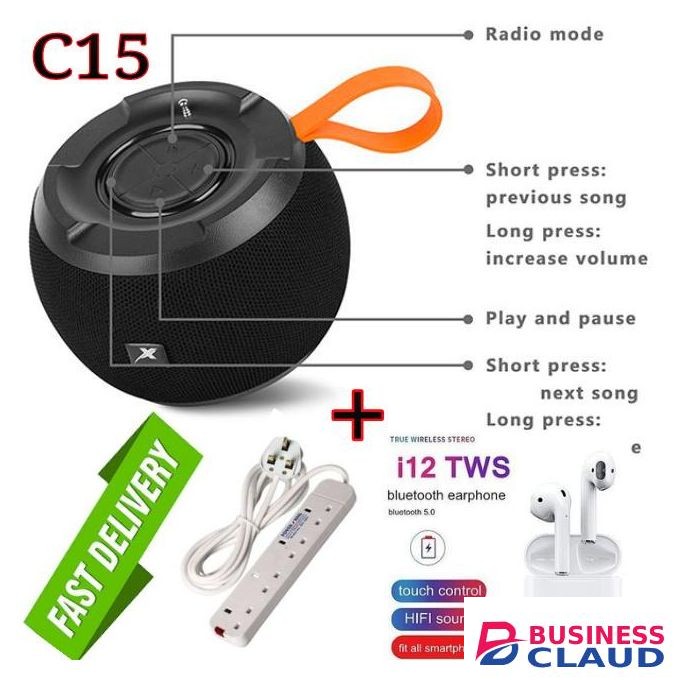 C15 Portable and Strong Wireless Audio Playback Super BASS BT Speaker+Earbuds +4Way power Extension.