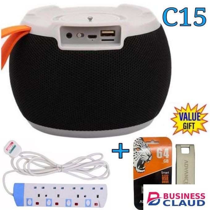C15 Bass Bluetooth PortableSpeaker with FM /USB + Metallic 64GB Flash Disk+ Strong 4Way power Extension.