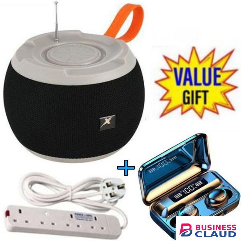 C15 Bass Bluetooth PortableSpeaker with FM /USB +F9 Bluetooth Earbuds +4Way power Extension.