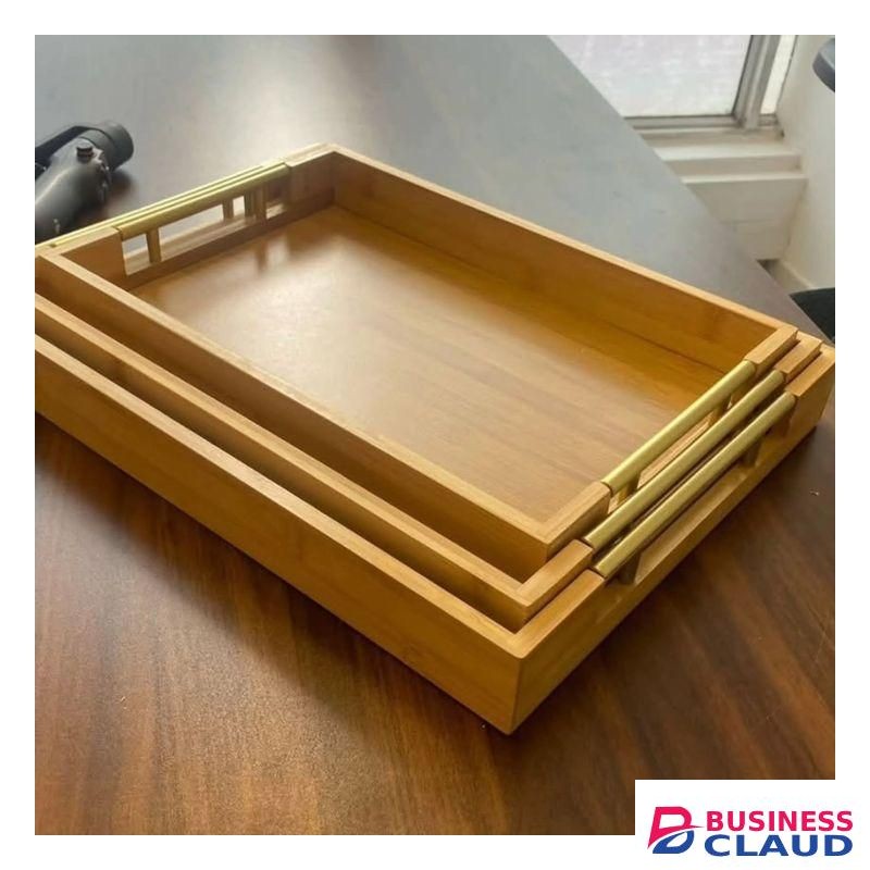 Bamboo Serving Tray Set with Gold Handles