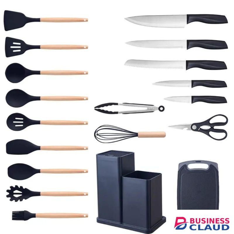 19PCS Silicone Cooking/ Serving Spoons Plus Knife Set + Chopping Board-Black