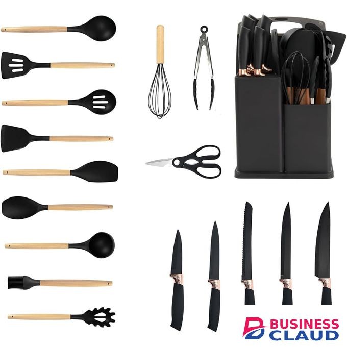 19PCs Set Of Silicone and Wood Spoon And Knife Set - Includes Chopping Board