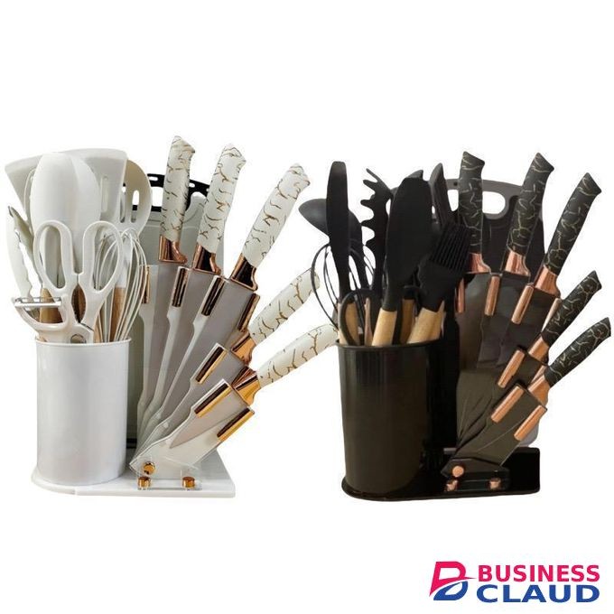 19pcs MARBLE heat resistant silicone cooking kitchen spoon set with knives and chop board